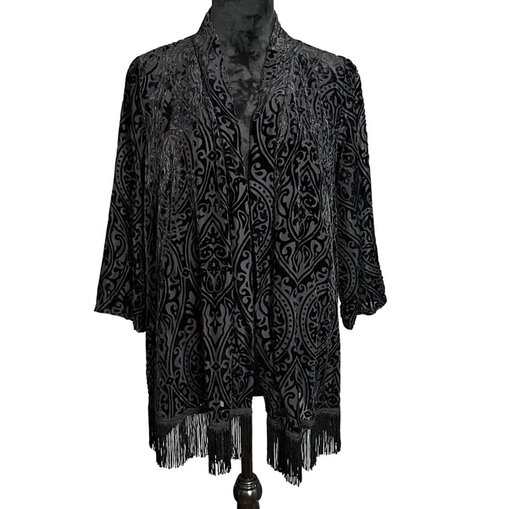 Jaclyn Smith Jacket M Black Velvet Burnout Cardigan Fringe Open front Boho Sheer